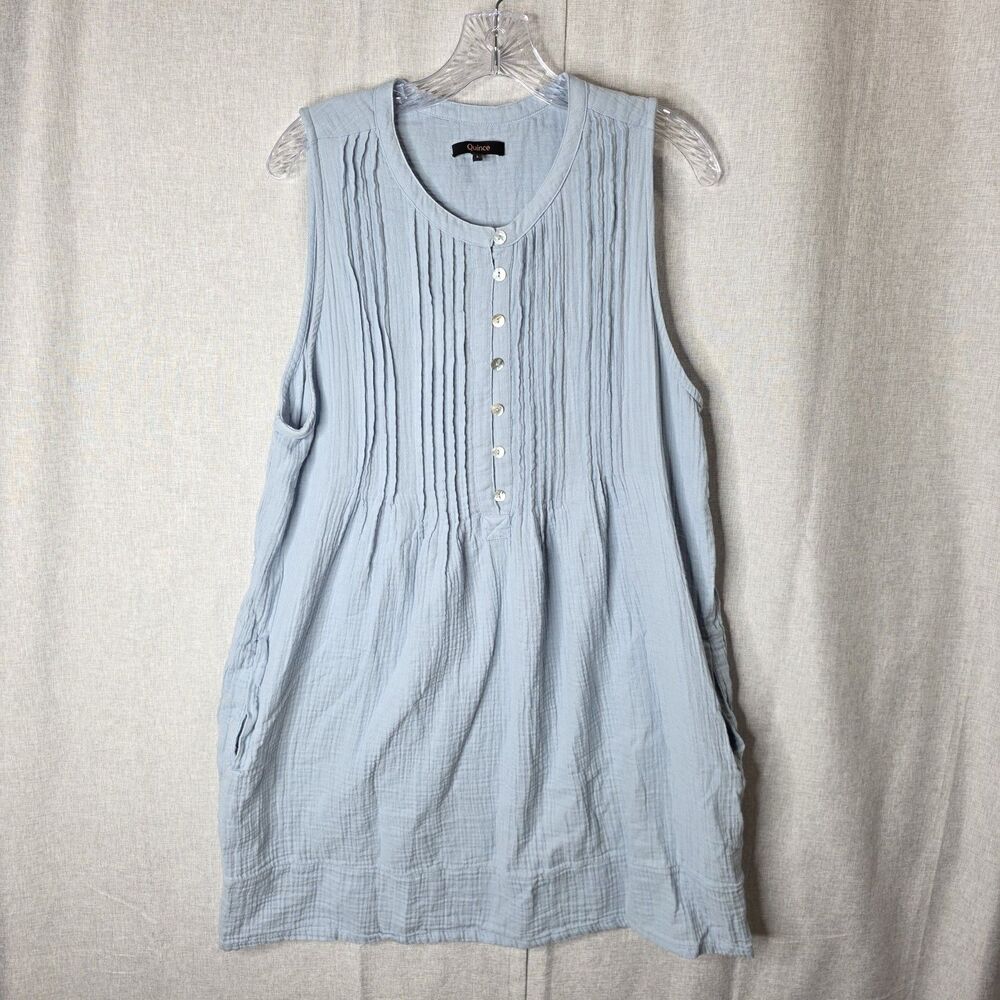 Quince Organic Cotton Gauze Sleeveless Pintuck Dress Light Blue Shift L Pockets